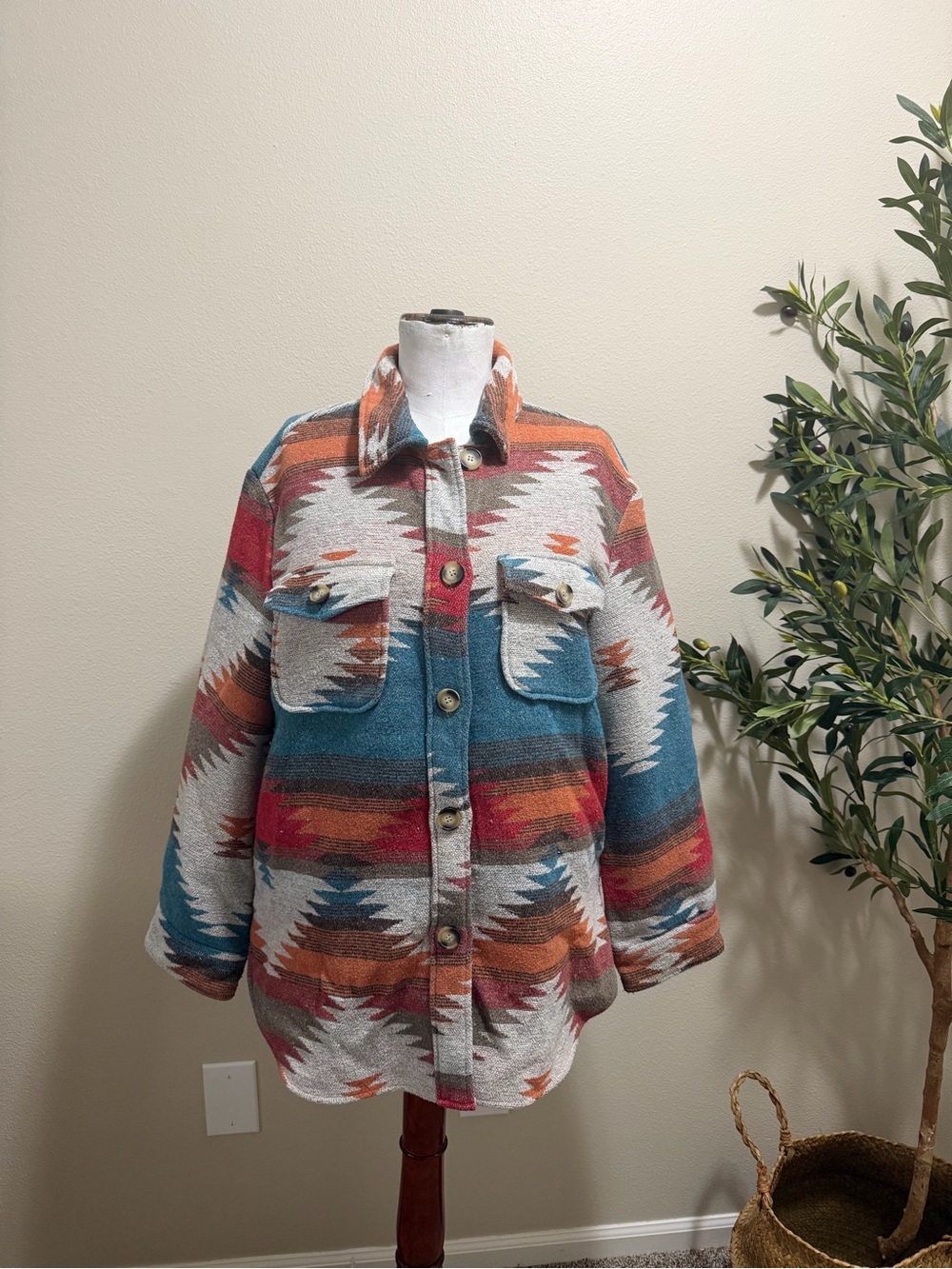 Vintage Southwestern  Pattern Button-Up Shacket - Teal, Rust, Cream -